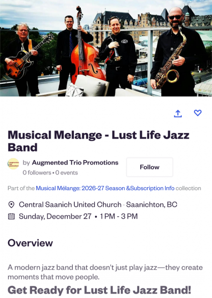 Lust Life Jazz Band at Central Saanich United Church Sunday December 27 2026 1 + 3pm